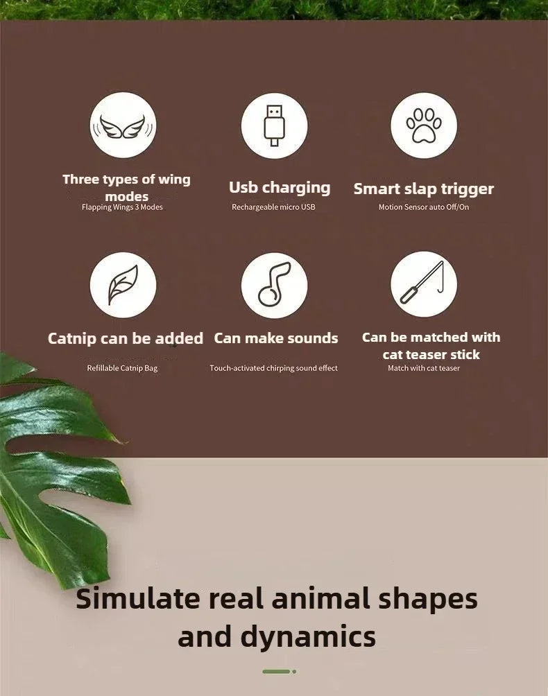 Interactive Cat Toys Rechargeable Flying Bird Cat Toy Chirping Flapping Bird(No Flying) Can Add Catnip Touch Activated Plush Toy